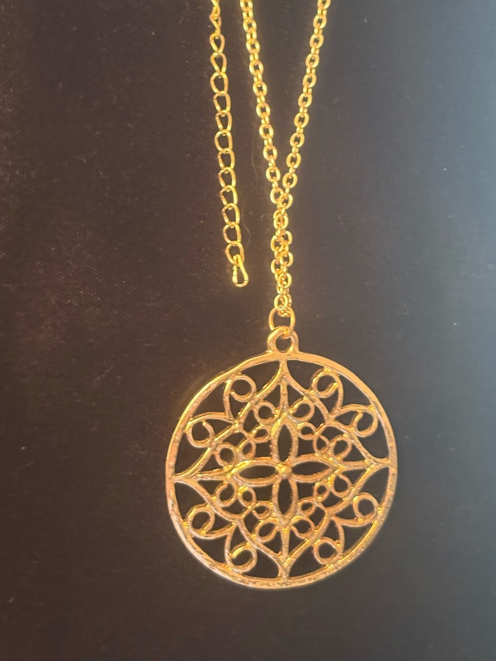 Gold Filigree Round Pendant Necklace - with very long chain Women Jewelry